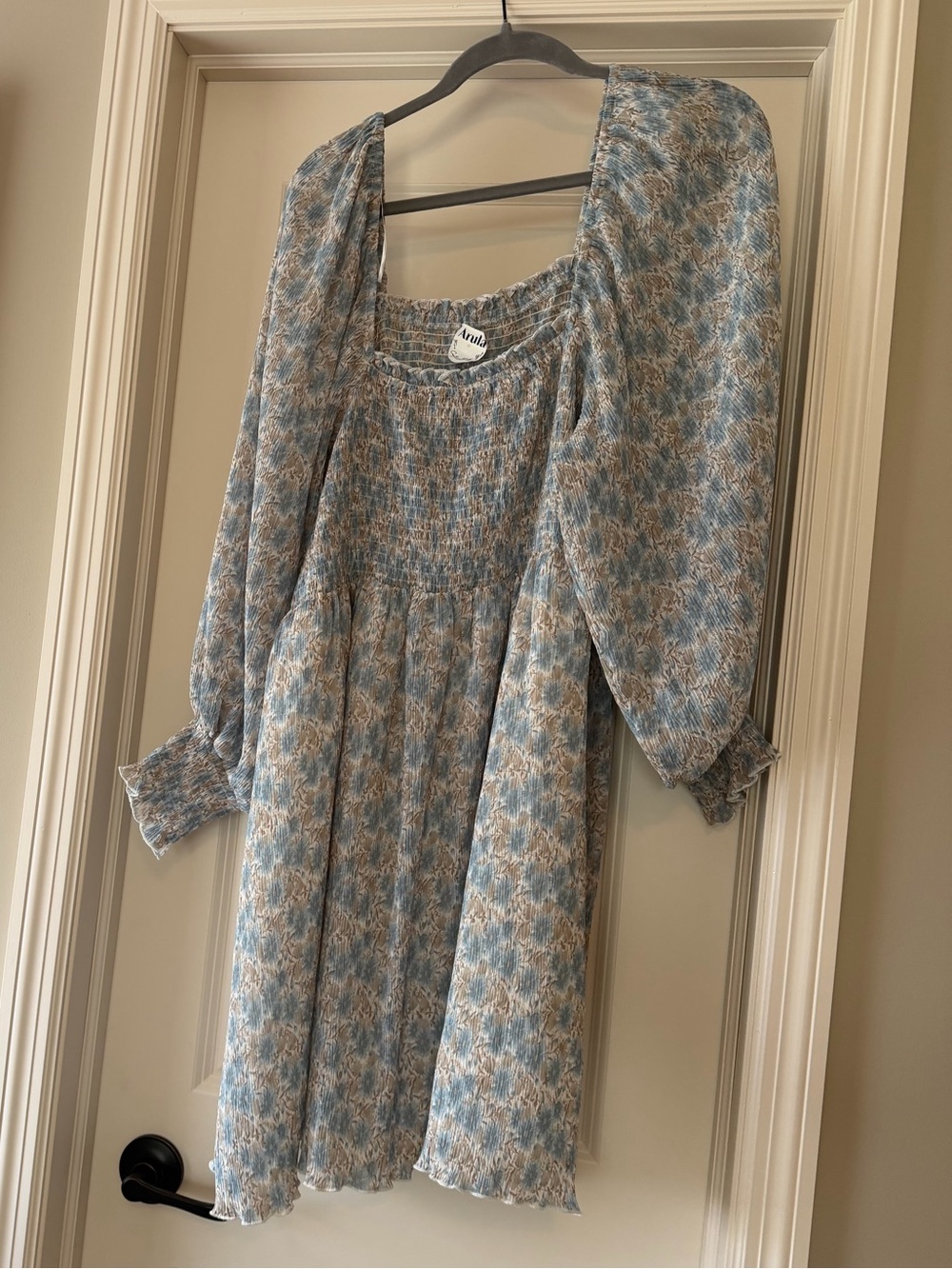 Smocked Square-Neck Floral Kids Dress in Blue and Cream | Arula